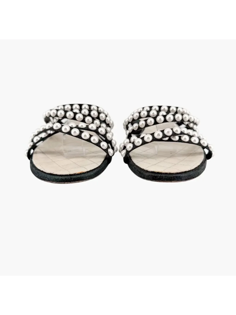 Chanel CC Pearl Strappy Slide Sandals Black White Flat Size 38.5 US 7.5-8 Women